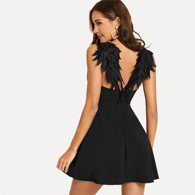 Contrast Wings V Neck Mini Dress Boho mini dresses Boho Dresses Color : Black|White